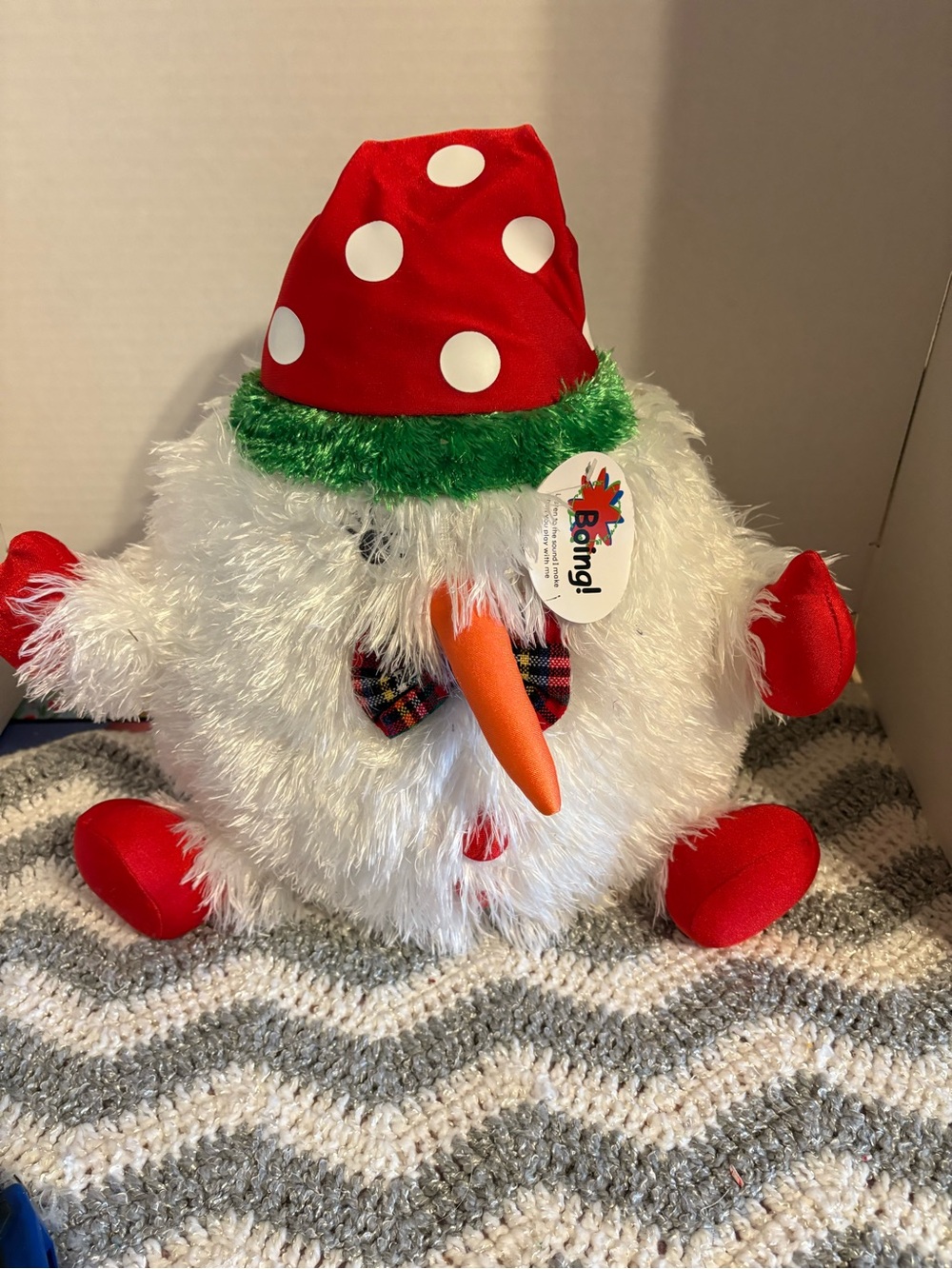 Holiday White Furry Snowman Accent Plush with Red Hat